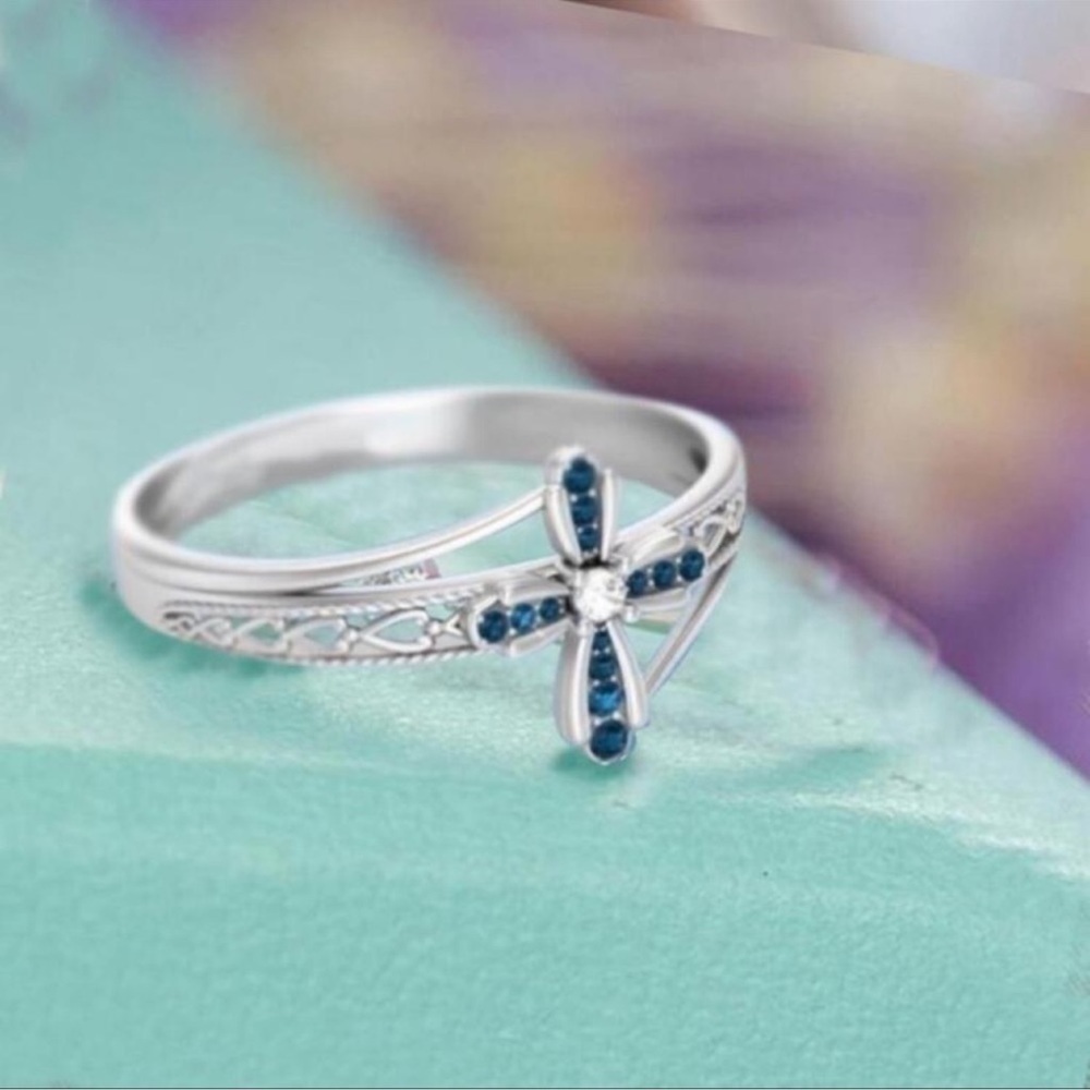 BLUE AND WHITE RHINESTONE CROSS RING